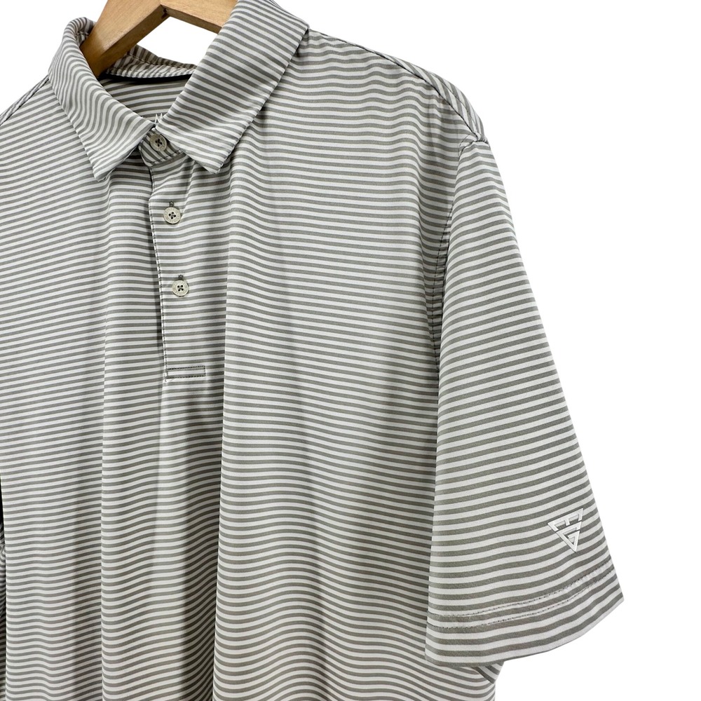 Maelreg Mens XL Performance Polo Shirt Grey White Striped Short Sleeve Golf Top